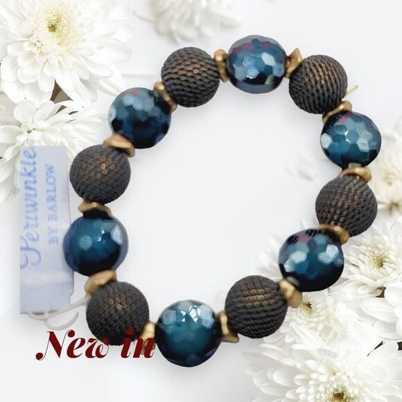 PERIWINKLE by BARLOW Blue Black Bead Stretch Gold Tone Bracelet New - Picture 3 of 7